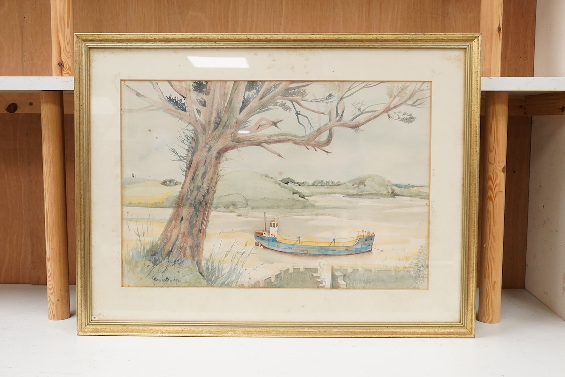 John Skelton (1925-2009), Harbour view with beached vessel, signed and dated 1980, watercolour, 37 x 55cm, Provenance: from the artist's family